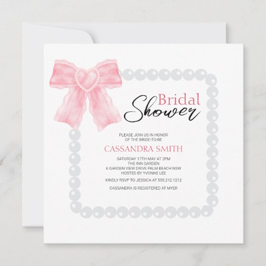 Girly Pink Bow White Pearl Brautparty Einladung (Vorderseite)