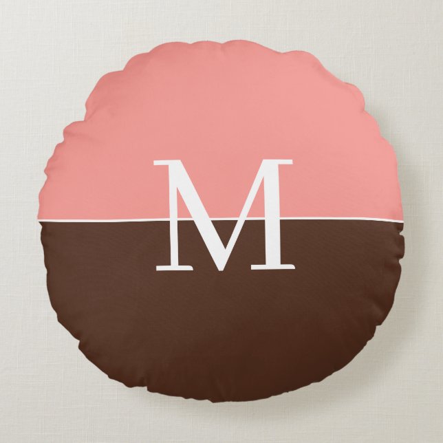 Girly pink &brown monogram rundes kissen (Vorderseite)