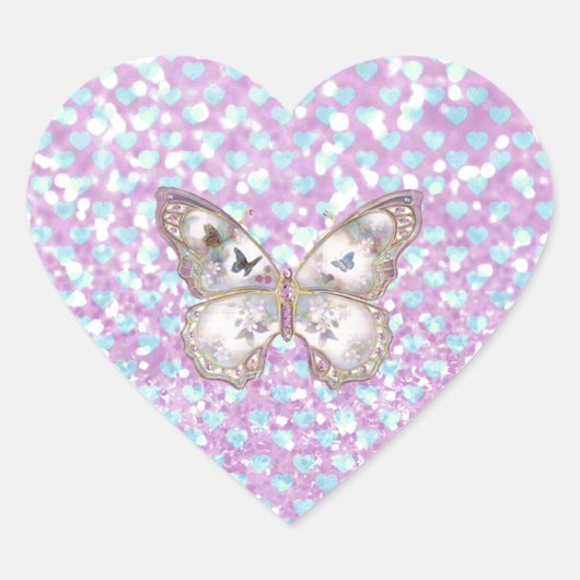 Girly Pink Butterfly Blue Hearts Glitzer Pattern Herz-Aufkleber (Vorderseite)