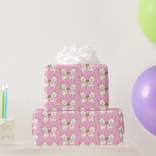 Girly Pink Butterfly Herzchen Geburtstag Geschenkpapier (Partygeschenke)