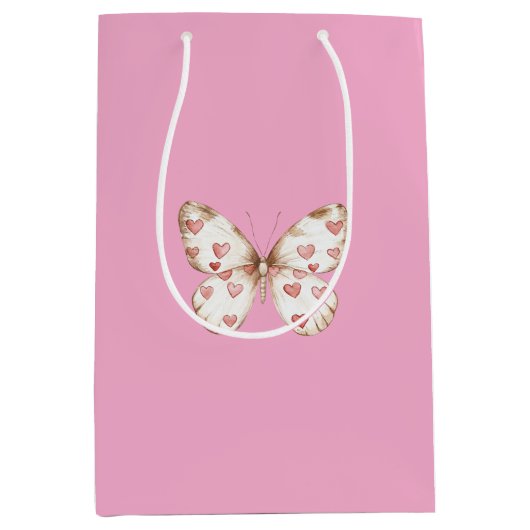 Girly Pink Butterfly Herzchen Geburtstag Mittlere Geschenktüte (Vorderseite)