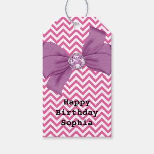 Girly Pink Chevron Juwel Lila Schleife Geburtstag Geschenkanhänger