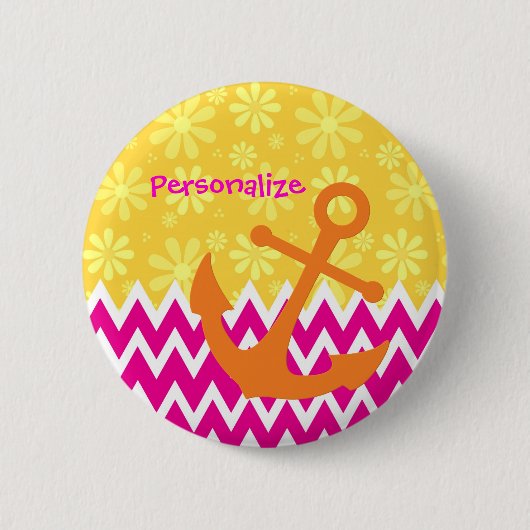 Girly Pink Chevrons Orange Anchor mit Namen Button (Vorderseite)