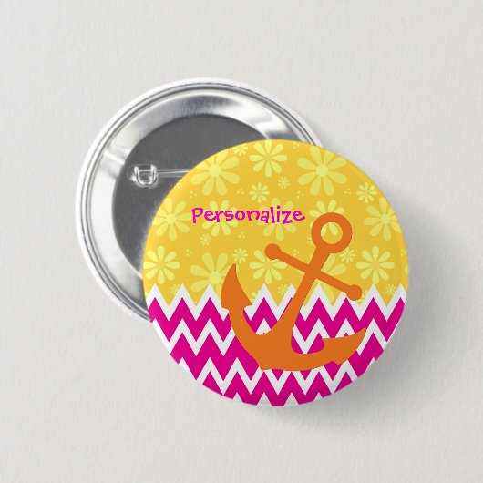 Girly Pink Chevrons Orange Anchor mit Namen Button (Vorne & Hinten)