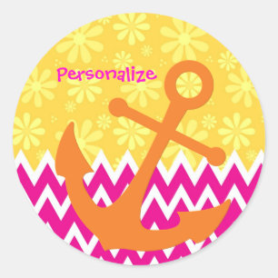 Girly Pink Chevrons Orange Anchor mit Namen Runder Aufkleber