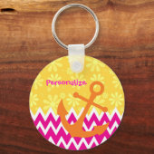 Girly Pink Chevrons Orange Anchor mit Namen Schlüsselanhänger (Vorderseite)