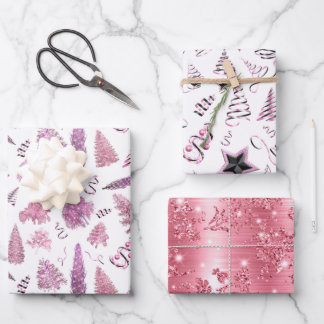 Girly Pink Christmas Chic Trees Geschenkpapier Set