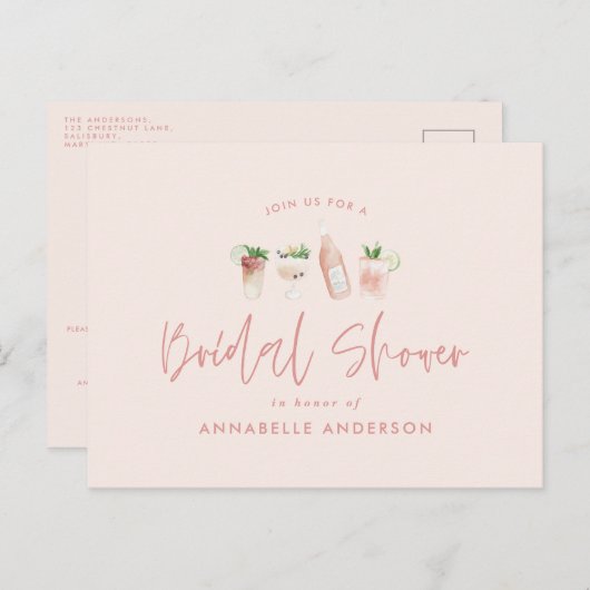 Girly Pink Cocktail stilvolles modernes Brautparty Einladungspostkarte (Vorne/Hinten)