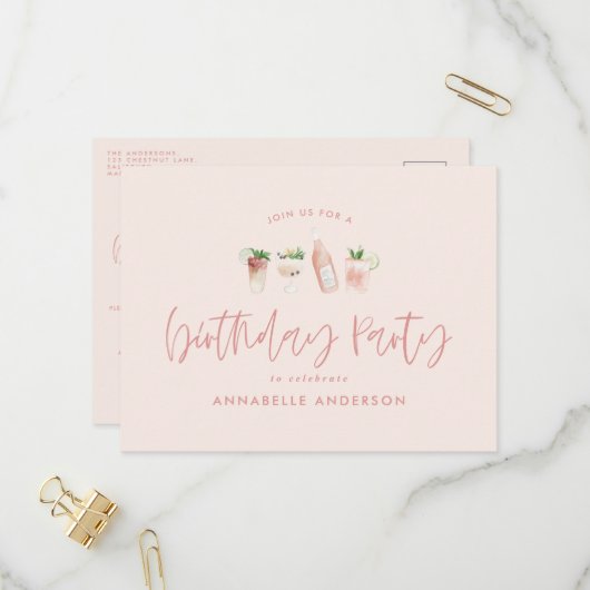 Girly Pink Cocktail stylish Geburtstagsparty Einladungspostkarte (Vorderseite/Rückseite Beispiel)