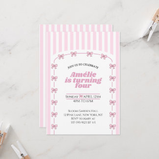 Girly Pink Coquette Bow Fourth Birthday Party Einladung