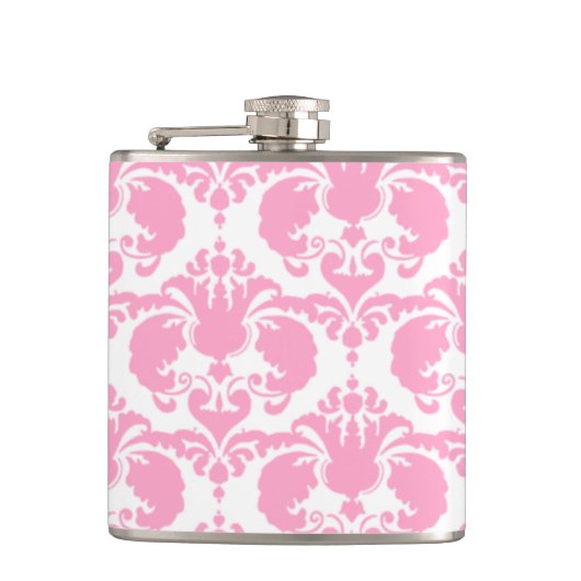 Girly Pink Damask Flachmann (Vorderseite)