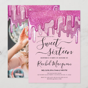 Girly Pink Dick Glitzer Tropfen Foto Sweet 16 Einladung