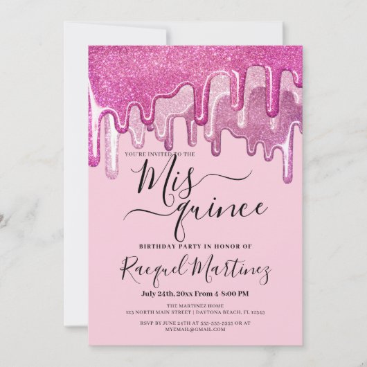 Girly Pink Dick Glitzer Tropfens Foto Mis Quince Einladung (Vorderseite)