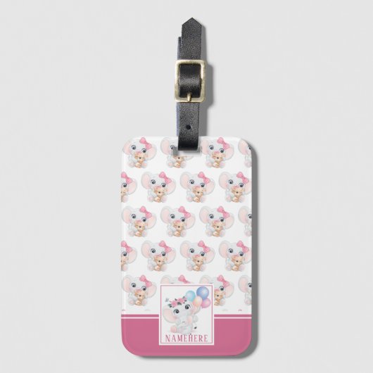 Girly Pink Elephant mit Bow und Balloon Muster Gepäckanhänger (Vorderseite Vertikal)