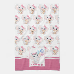 Girly Pink Elephant mit Bow und Balloon Muster Geschirrtuch
