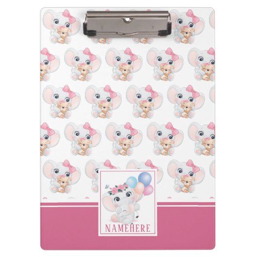 Girly Pink Elephant mit Bow und Balloon Muster Klemmbrett (Vorderseite)