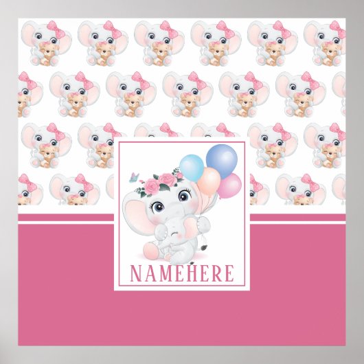 Girly Pink Elephant mit Bow und Balloon Muster Poster (Vorne)
