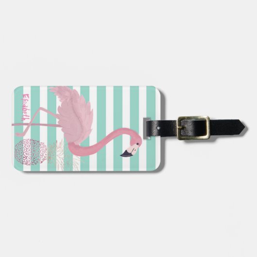 Girly Pink Flamingo, Ananas Minze Weiße Streifen Gepäckanhänger (Vorderseite horizontal)