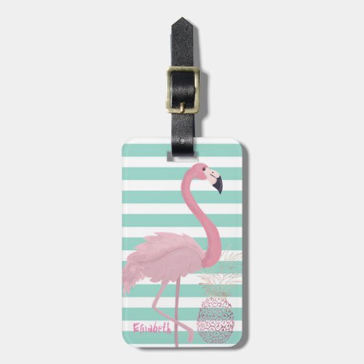 Girly Pink Flamingo, Ananas Minze Weiße Streifen Gepäckanhänger (Vorderseite vertikal)