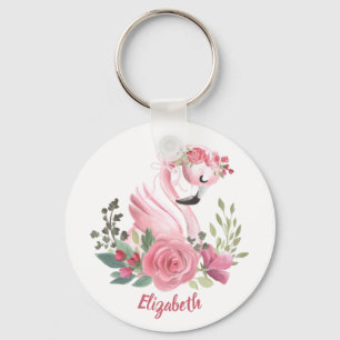 Girly Pink Flamingo Floral Roses Name Schlüsselanhänger