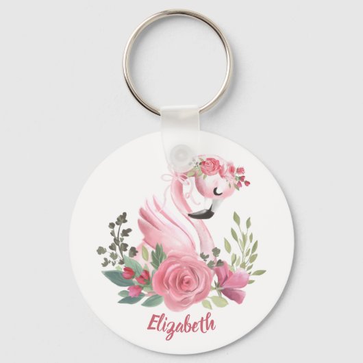 Girly Pink Flamingo Floral Roses Name Schlüsselanhänger (Vorderseite)