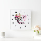 Girly Pink Floral and High Heels Quadratische Wanduhr (Zuhause)