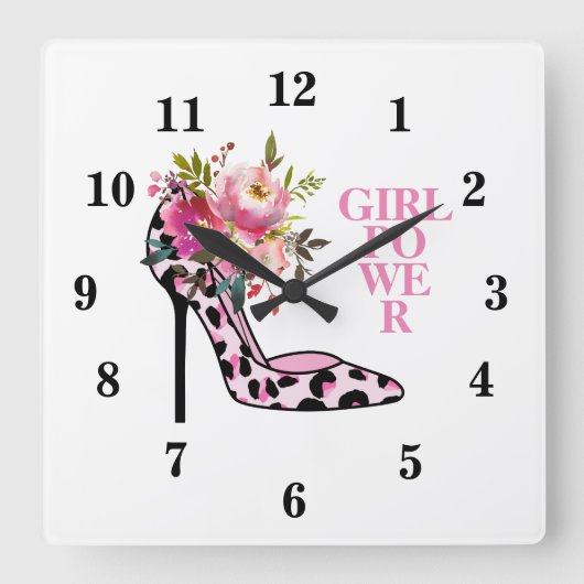 Girly Pink Floral and High Heels Quadratische Wanduhr (Vorderseite)