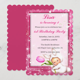 Girly Pink Floral Baby Bunny 1. Geburtstag Einladung