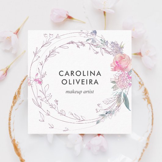 Girly Pink Floral Elegant Quadratische Visitenkarte
