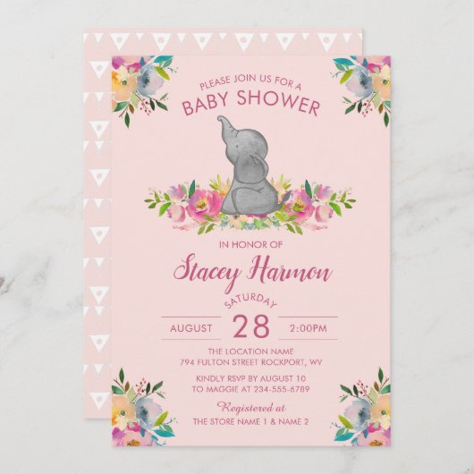 Girly Pink Floral Elephant Baby Dusche Einladung (Vorne/Hinten)