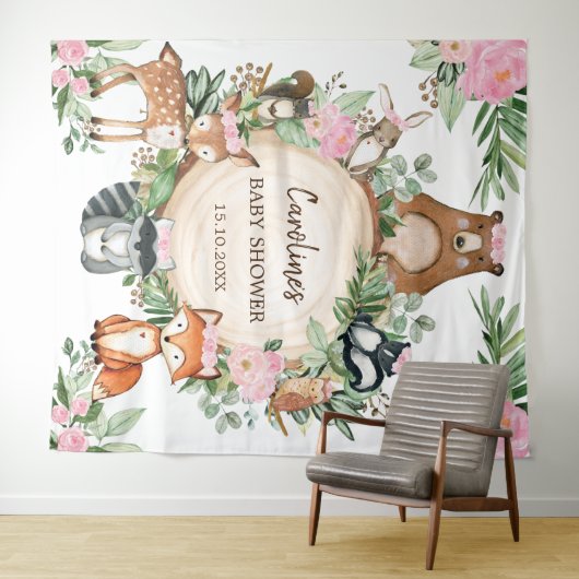 Girly Pink Floral Woodland Babydusche Hintergrund Wandteppich (Beispiel (Horizontal))