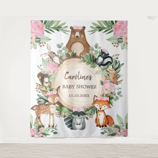 Girly Pink Floral Woodland Babydusche Hintergrund Wandteppich (Vorderseite)