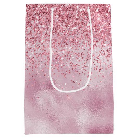 Girly Pink Glam Glitzer funkeln Mittlere Geschenktüte (Rückseite)