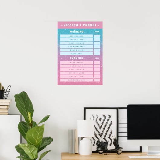 Girly Pink Glitter Kids Dry Erase Daily Chores Poster (Heimbüro)