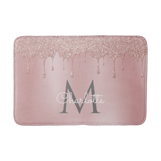 Girly Pink Glitter Tropfen Monogramm Chic Schrift Badematte (Vorderseite)