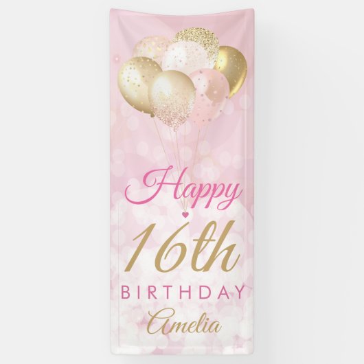 Girly Pink Glitzer Balloons 16. Geburtstag Banner (Vertikal)