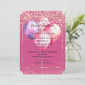 Girly Pink Glitzer Gold Glam Balloons Einladung (Stehend Vorderseite)