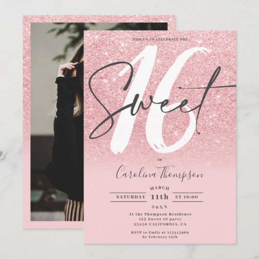 Girly pink Glitzer Gradienten Chic Foto Sweet 16 Einladung (Vorne/Hinten)