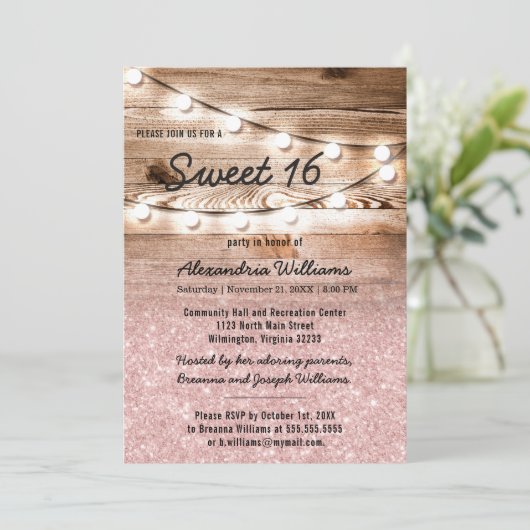 Girly Pink Glitzer Hanging Lights Wood Sweet 16 Einladung (Stehend Vorderseite)
