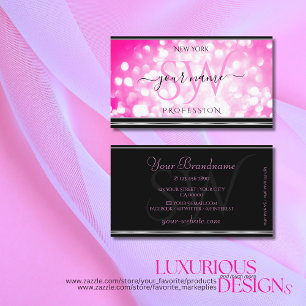 Girly Pink Glitzer Initials Black Silver Border Visitenkarte