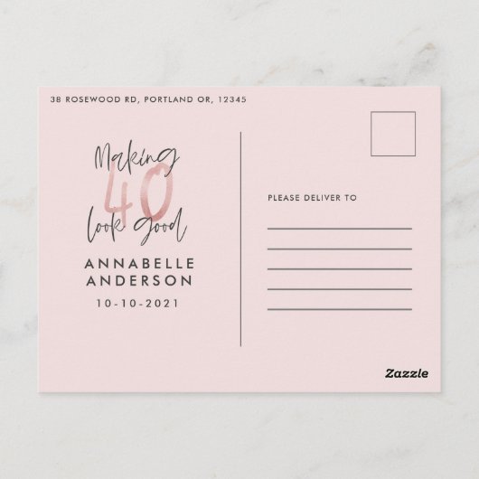 Girly pink Glitzer Moderner, stilvoller 40. Geburt Postkarte (Rückseite)