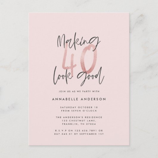 Girly pink Glitzer Moderner, stilvoller 40. Geburt Postkarte (Vorderseite)