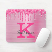 Girly Pink Glitzer Tropfen Chic Glam Monogram Name Mousepad (Mit Mouse)