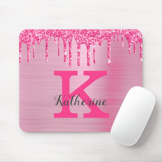 Girly Pink Glitzer Tropfen Chic Glam Monogram Name Mousepad (Mit Mouse)