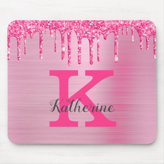 Girly Pink Glitzer Tropfen Chic Glam Monogram Name Mousepad (Vorne)