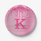 Girly Pink Glitzer Tropfen Chic Glam Monogram Name Pappteller (Vorderseite)