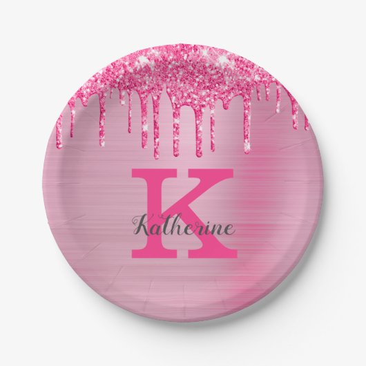 Girly Pink Glitzer Tropfen Chic Glam Monogram Name Pappteller (Vorderseite)