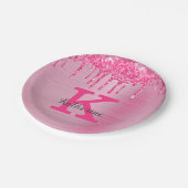 Girly Pink Glitzer Tropfen Chic Glam Monogram Name Pappteller (Schrägansicht)