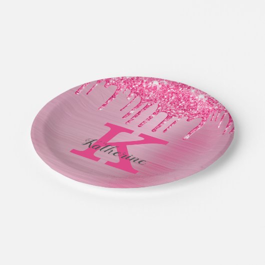 Girly Pink Glitzer Tropfen Chic Glam Monogram Name Pappteller (Schrägansicht)