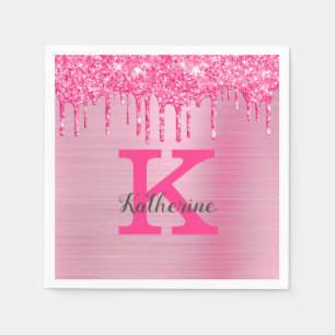 Girly Pink Glitzer Tropfen Chic Glam Monogram Name Serviette